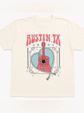 SO Austin TX Graphic Tee - Cream with Pink & Blue Guitar